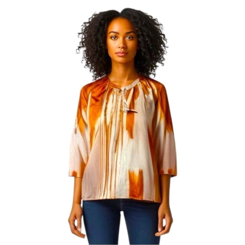 Calvin Klein 100% silk orange and white tie dye stripe boho flowy blouse